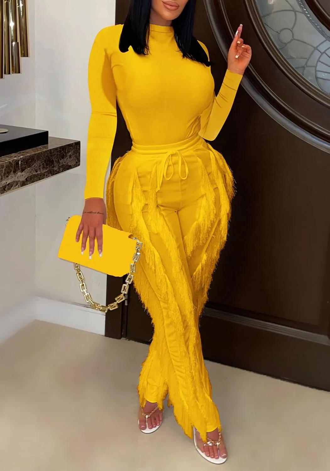 Tcremisa Fringe Pants for Women High Waist Tassel Trousers Drawstring Jogger Sweatpants Clubwear