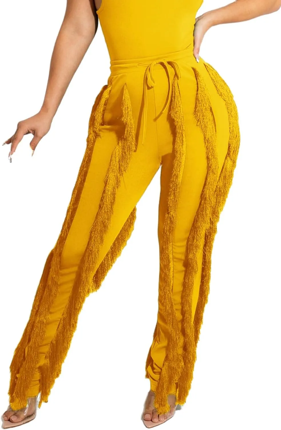 Tcremisa Fringe Pants for Women High Waist Tassel Trousers Drawstring Jogger Sweatpants Clubwear