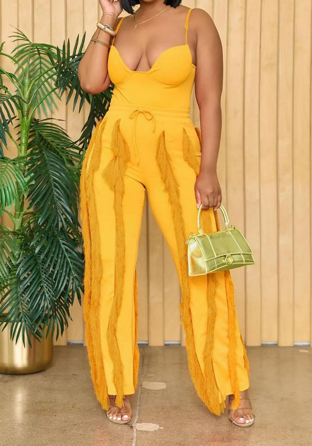 Tcremisa Fringe Pants for Women High Waist Tassel Trousers Drawstring Jogger Sweatpants Clubwear