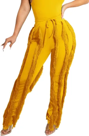 Tcremisa Fringe Pants for Women High Waist Tassel Trousers Drawstring Jogger Sweatpants Clubwear