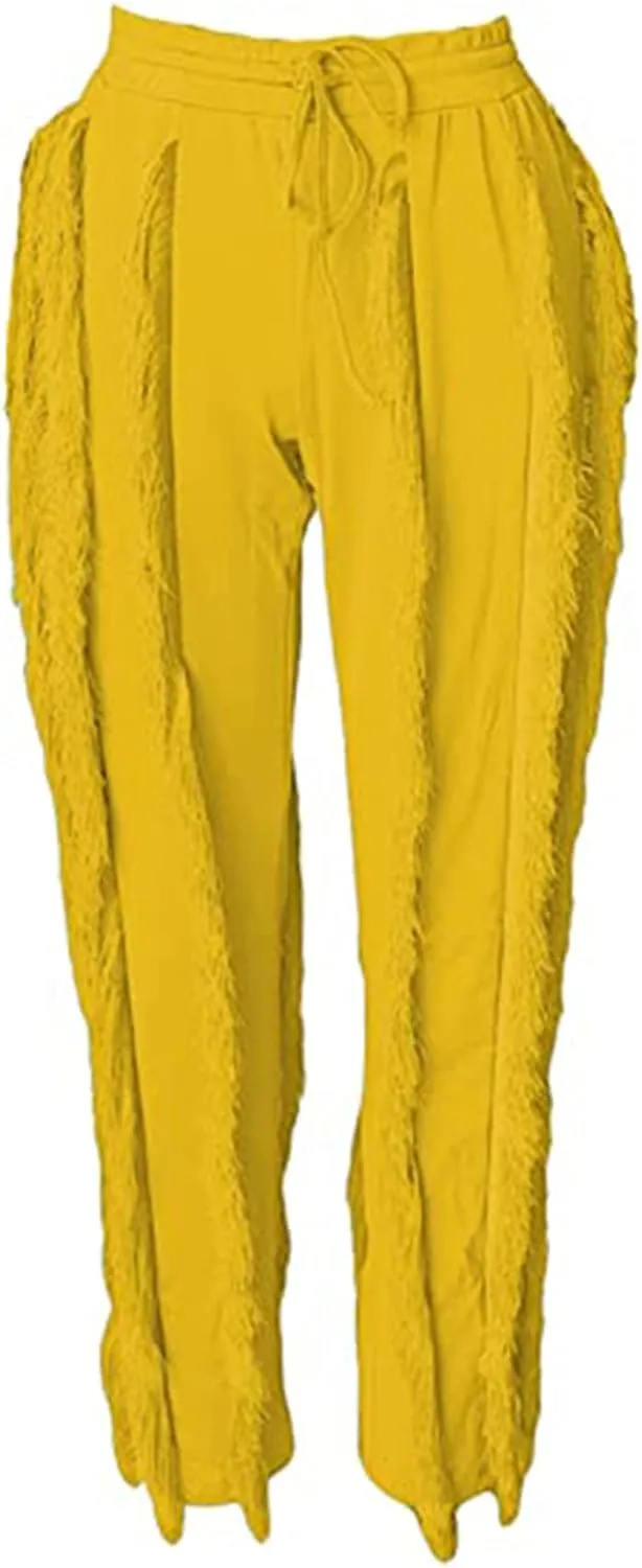 Tcremisa Fringe Pants for Women High Waist Tassel Trousers Drawstring Jogger Sweatpants Clubwear