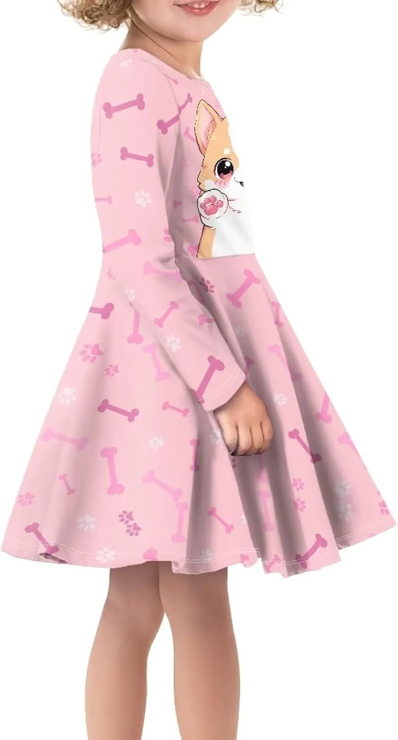 TODIYADDU Twirly Casual Dress for Girls Long Sleeve Dresses A-Line Swing Party Dinner Mini Dress for Kids Toddler Girl Dress