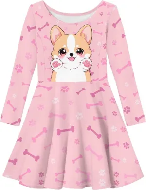 TODIYADDU Twirly Casual Dress for Girls Long Sleeve Dresses A-Line Swing Party Dinner Mini Dress for Kids Toddler Girl Dress
