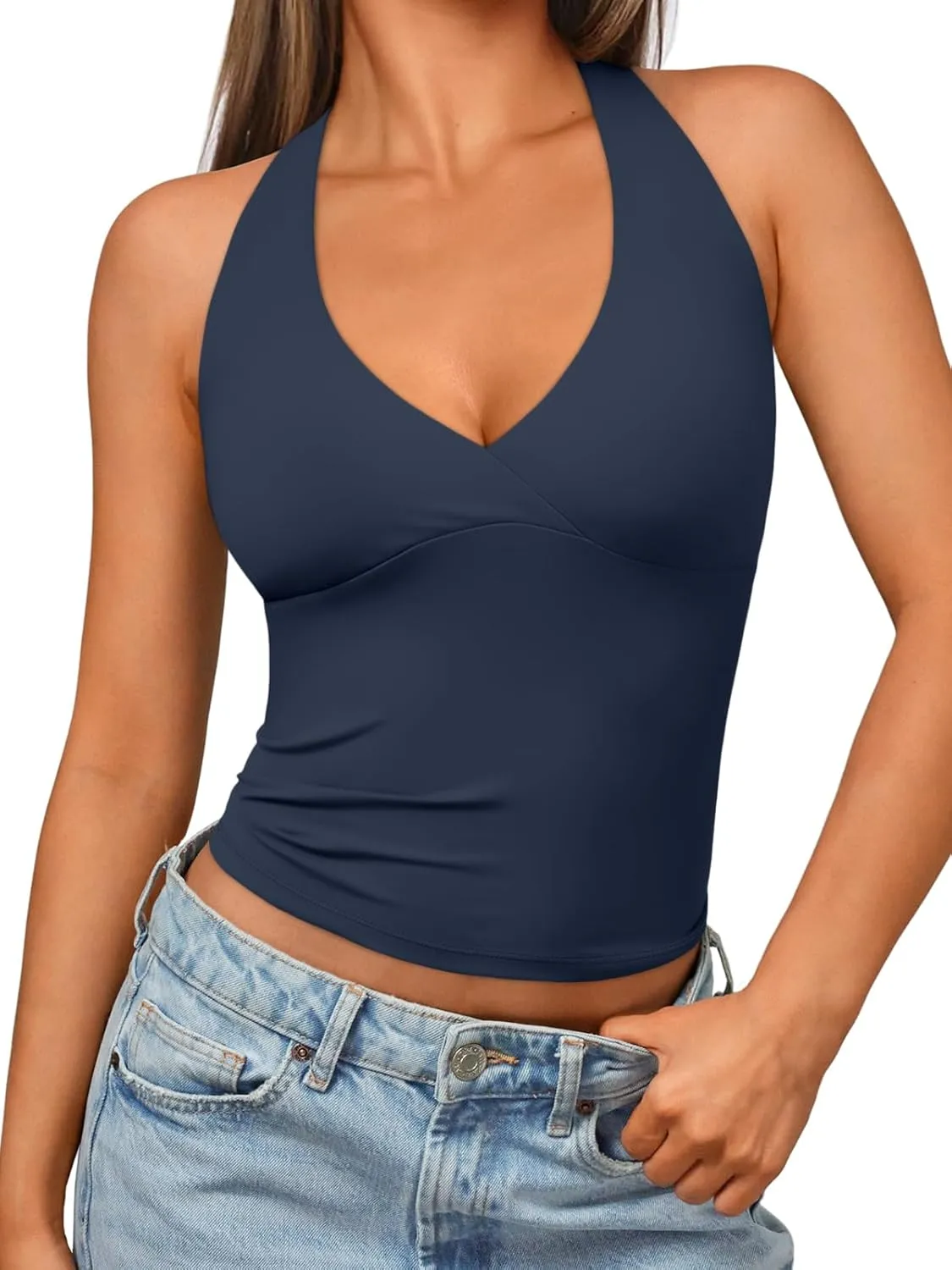 Trendy Queen Women Halter Tops Going Out Deep V Neck Summer 2025 Sleeveless Blackless Sexy Cute Crop Fashion Clothes
