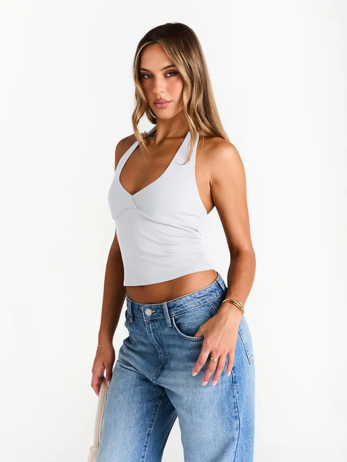 Trendy Queen Women Halter Tops Going Out Deep V Neck Summer 2025 Sleeveless Blackless Sexy Cute Crop Fashion Clothes