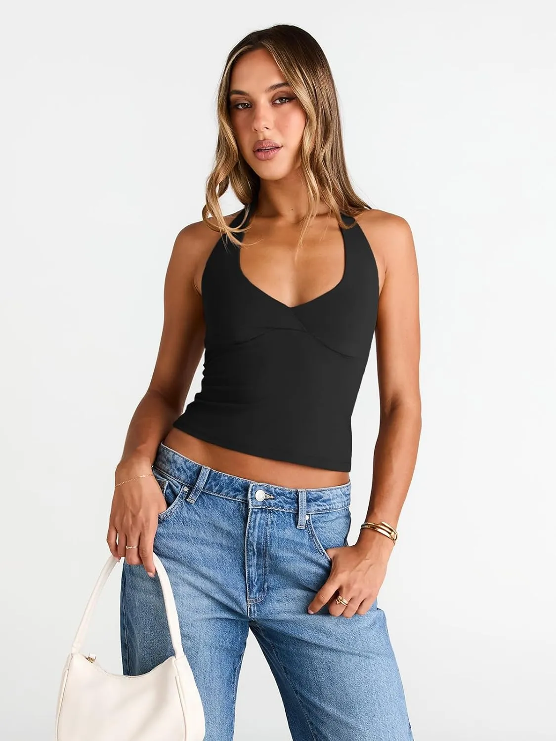 Trendy Queen Women Halter Tops Going Out Deep V Neck Summer 2025 Sleeveless Blackless Sexy Cute Crop Fashion Clothes