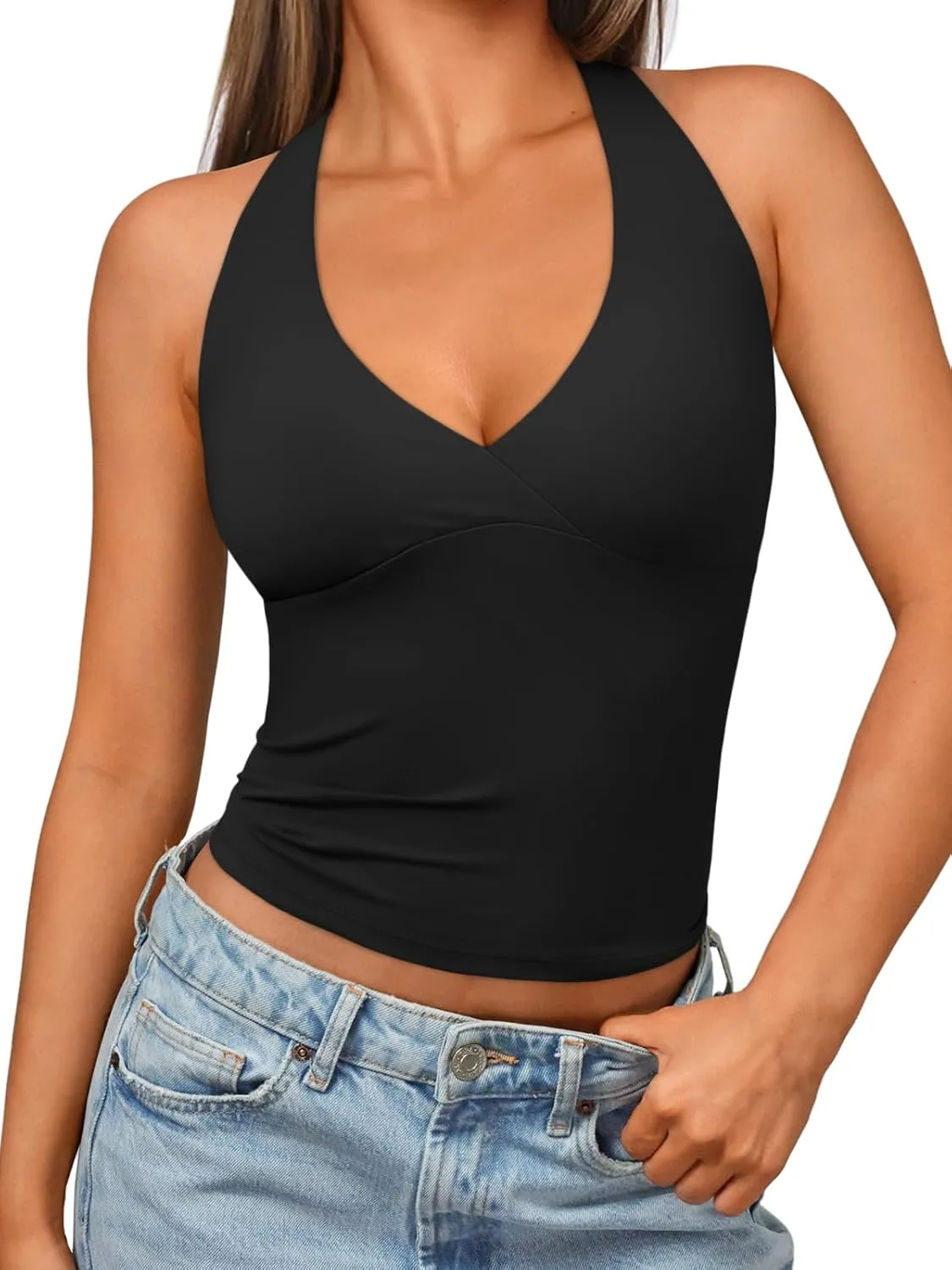 Trendy Queen Women Halter Tops Going Out Deep V Neck Summer 2025 Sleeveless Blackless Sexy Cute Crop Fashion Clothes