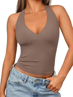 Trendy Queen Women Halter Tops Going Out Deep V Neck Summer 2025 Sleeveless Blackless Sexy Cute Crop Fashion Clothes