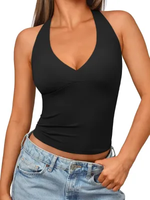 Trendy Queen Women Halter Tops Going Out Deep V Neck Summer 2025 Sleeveless Blackless Sexy Cute Crop Fashion Clothes