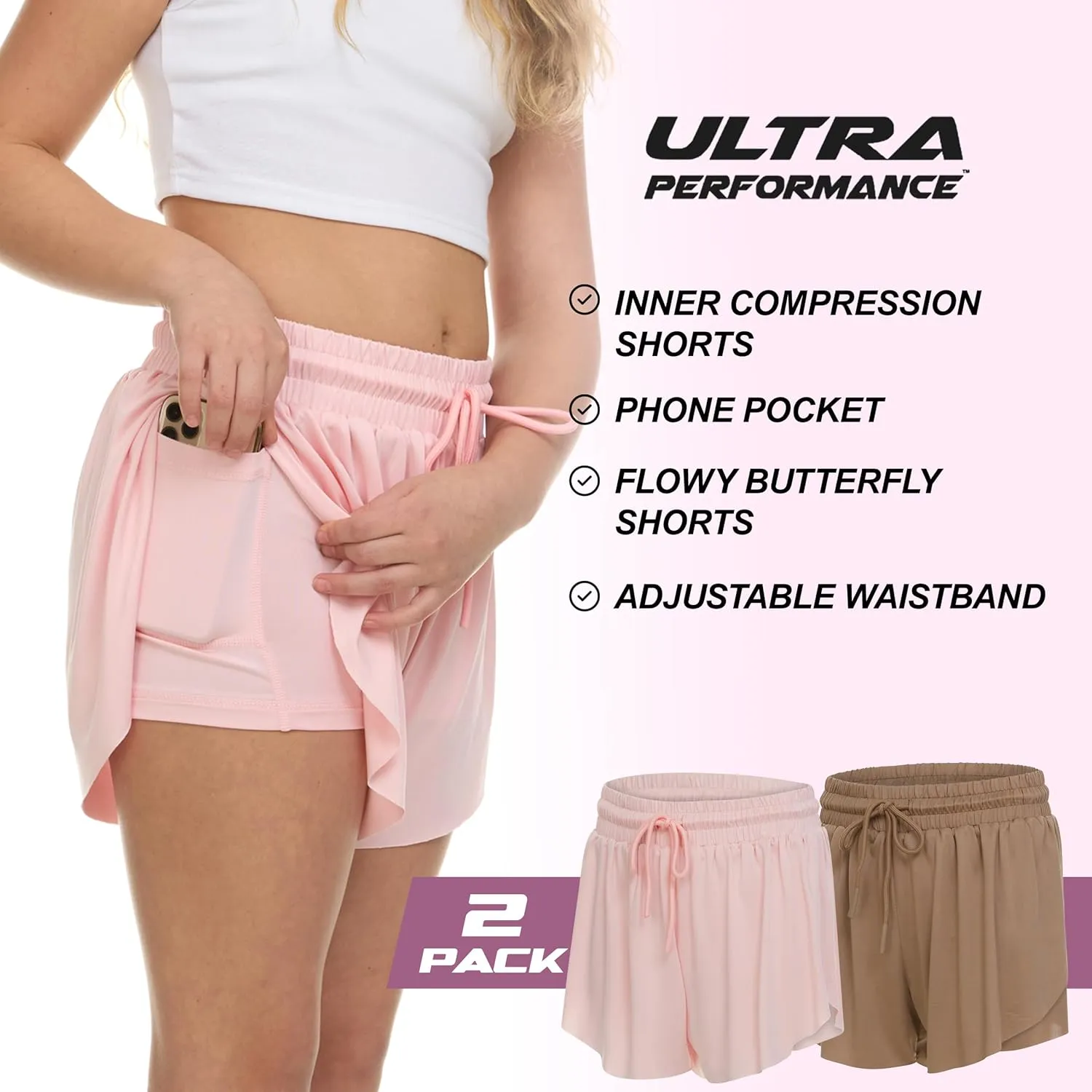 Ultra Performance Girl's Butterfly Short's 2 Pack Girls Athletic Short Basketball Soccer Flowy Active Shorts for Girls