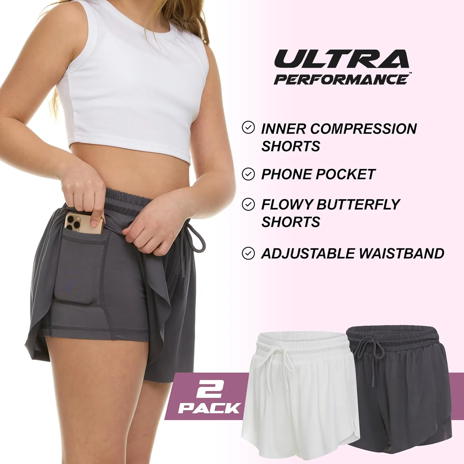 Ultra Performance Girl's Butterfly Short's 2 Pack Girls Athletic Short Basketball Soccer Flowy Active Shorts for Girls
