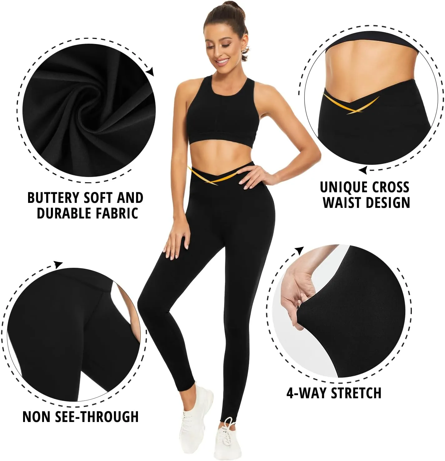 V Cross Waist Leggings for Women-Tummy Control Workout Soft Running High Waisted Non See Through Yoga Pants
