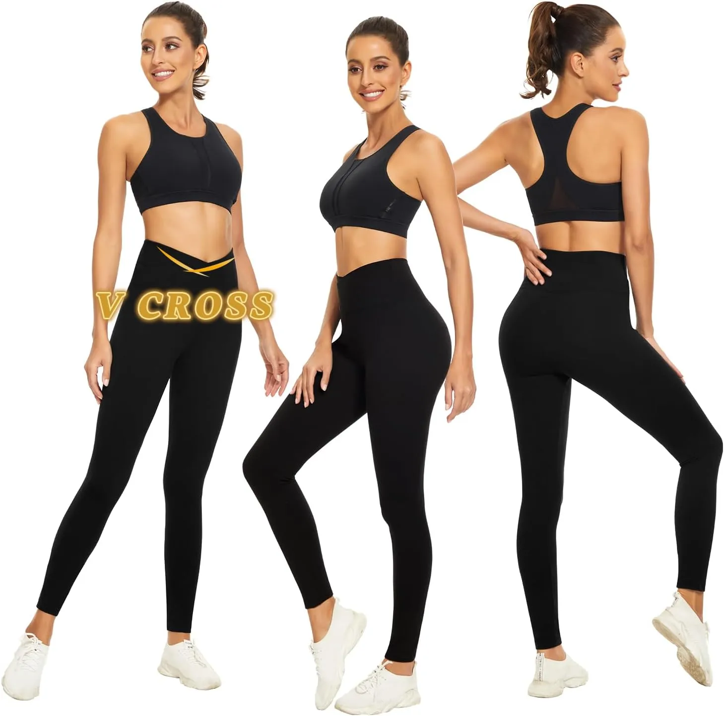 V Cross Waist Leggings for Women-Tummy Control Workout Soft Running High Waisted Non See Through Yoga Pants
