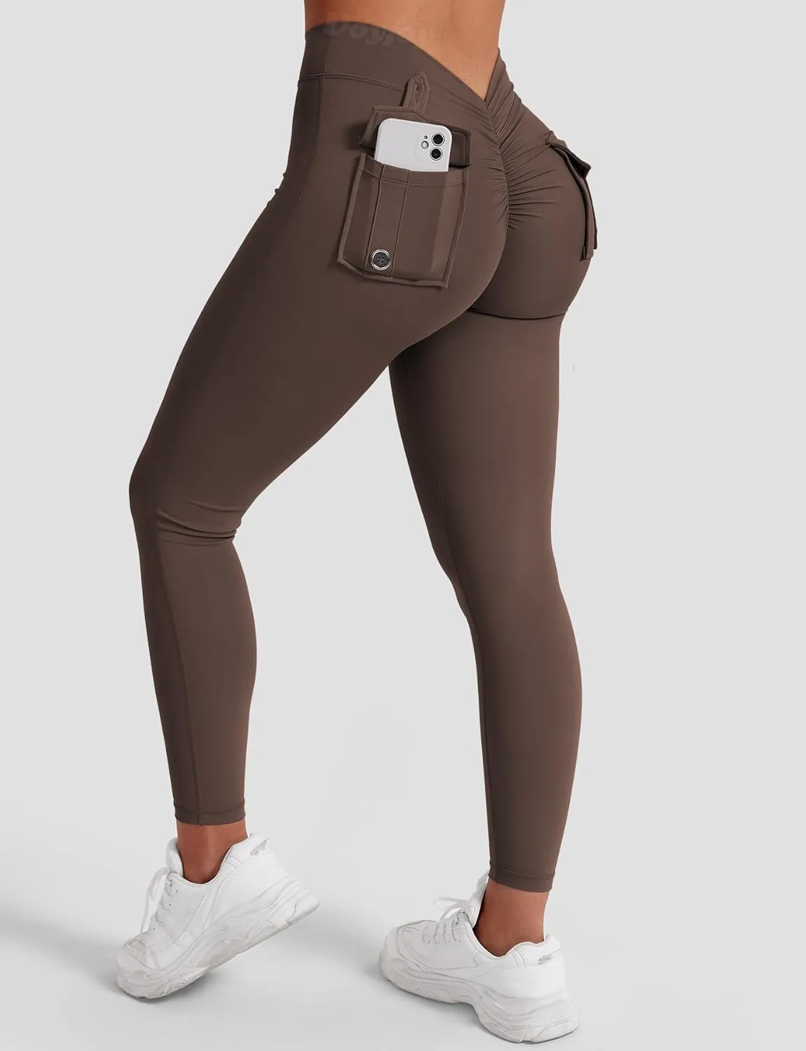 VOYJOY Leggings with Pockets for Women V Back Butt Lifting Workout Legging Gym High Waist Yoga Pants Elastic Tights
