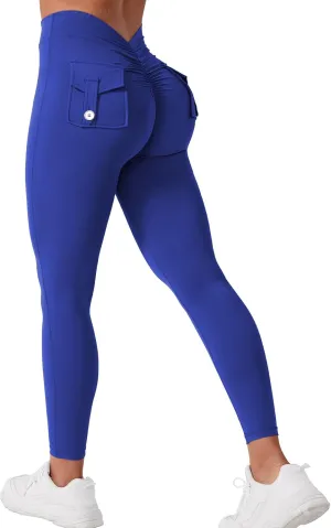 VOYJOY Leggings with Pockets for Women V Back Butt Lifting Workout Legging Gym High Waist Yoga Pants Elastic Tights