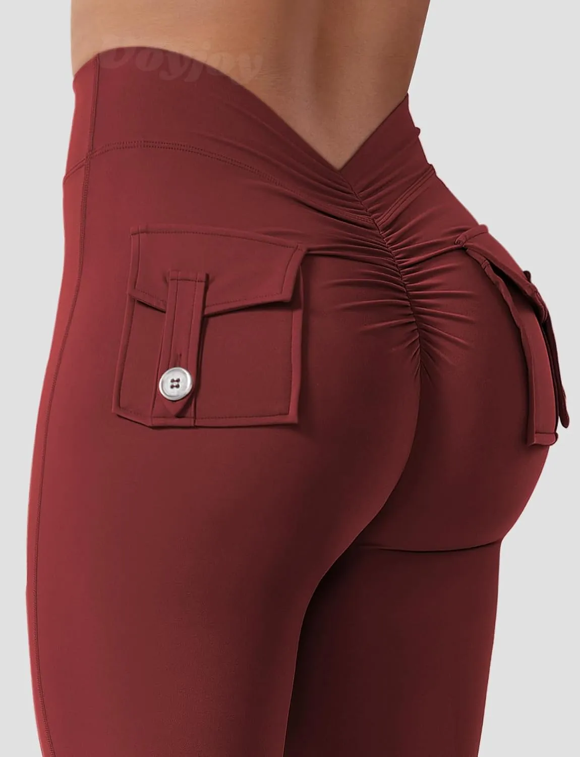 VOYJOY Leggings with Pockets for Women V Back Butt Lifting Workout Legging Gym High Waist Yoga Pants Elastic Tights