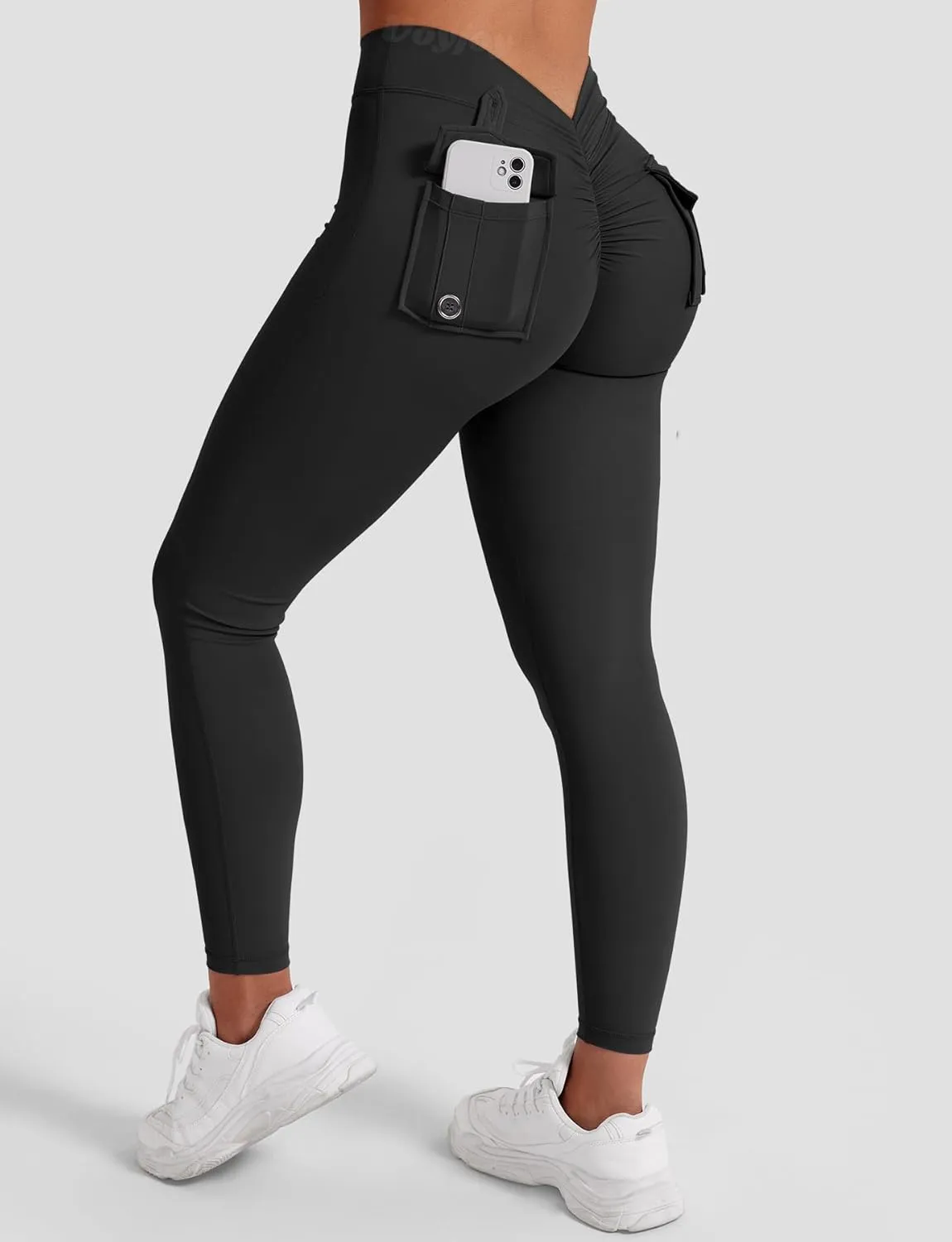 VOYJOY Leggings with Pockets for Women V Back Butt Lifting Workout Legging Gym High Waist Yoga Pants Elastic Tights
