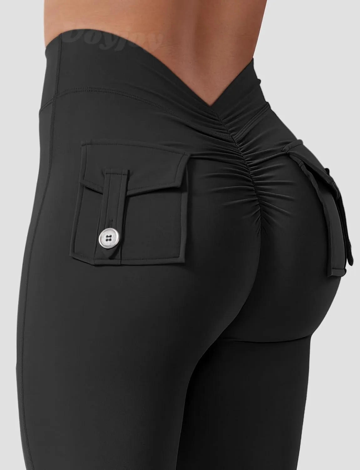 VOYJOY Leggings with Pockets for Women V Back Butt Lifting Workout Legging Gym High Waist Yoga Pants Elastic Tights