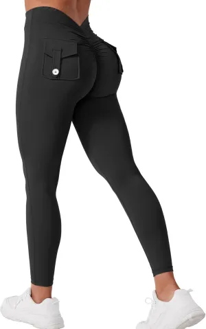 VOYJOY Leggings with Pockets for Women V Back Butt Lifting Workout Legging Gym High Waist Yoga Pants Elastic Tights