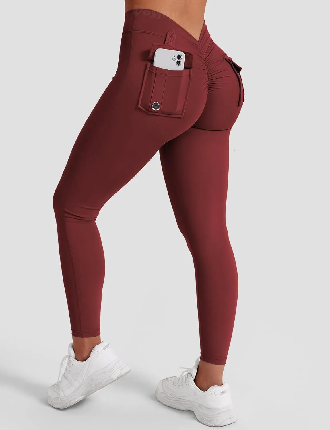 VOYJOY Leggings with Pockets for Women V Back Butt Lifting Workout Legging Gym High Waist Yoga Pants Elastic Tights