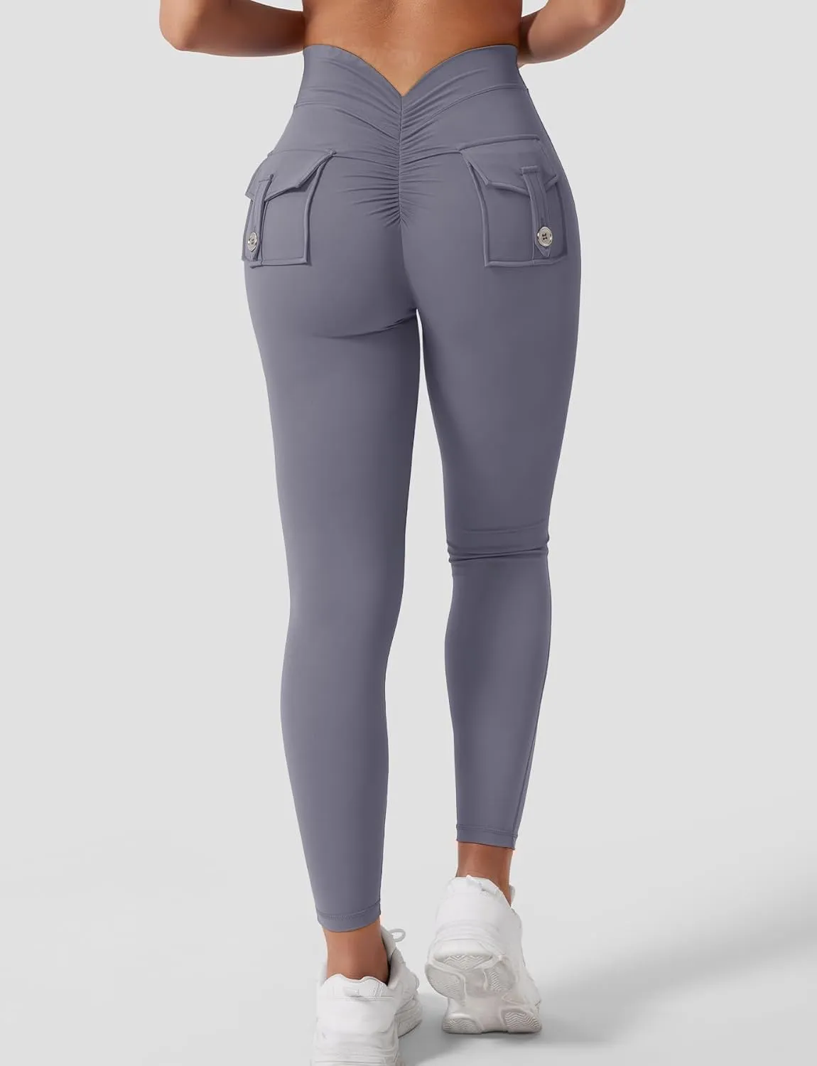 VOYJOY Leggings with Pockets for Women V Back Butt Lifting Workout Legging Gym High Waist Yoga Pants Elastic Tights