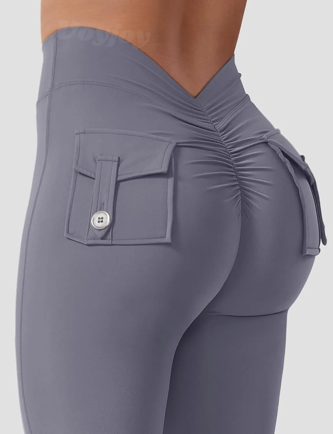 VOYJOY Leggings with Pockets for Women V Back Butt Lifting Workout Legging Gym High Waist Yoga Pants Elastic Tights
