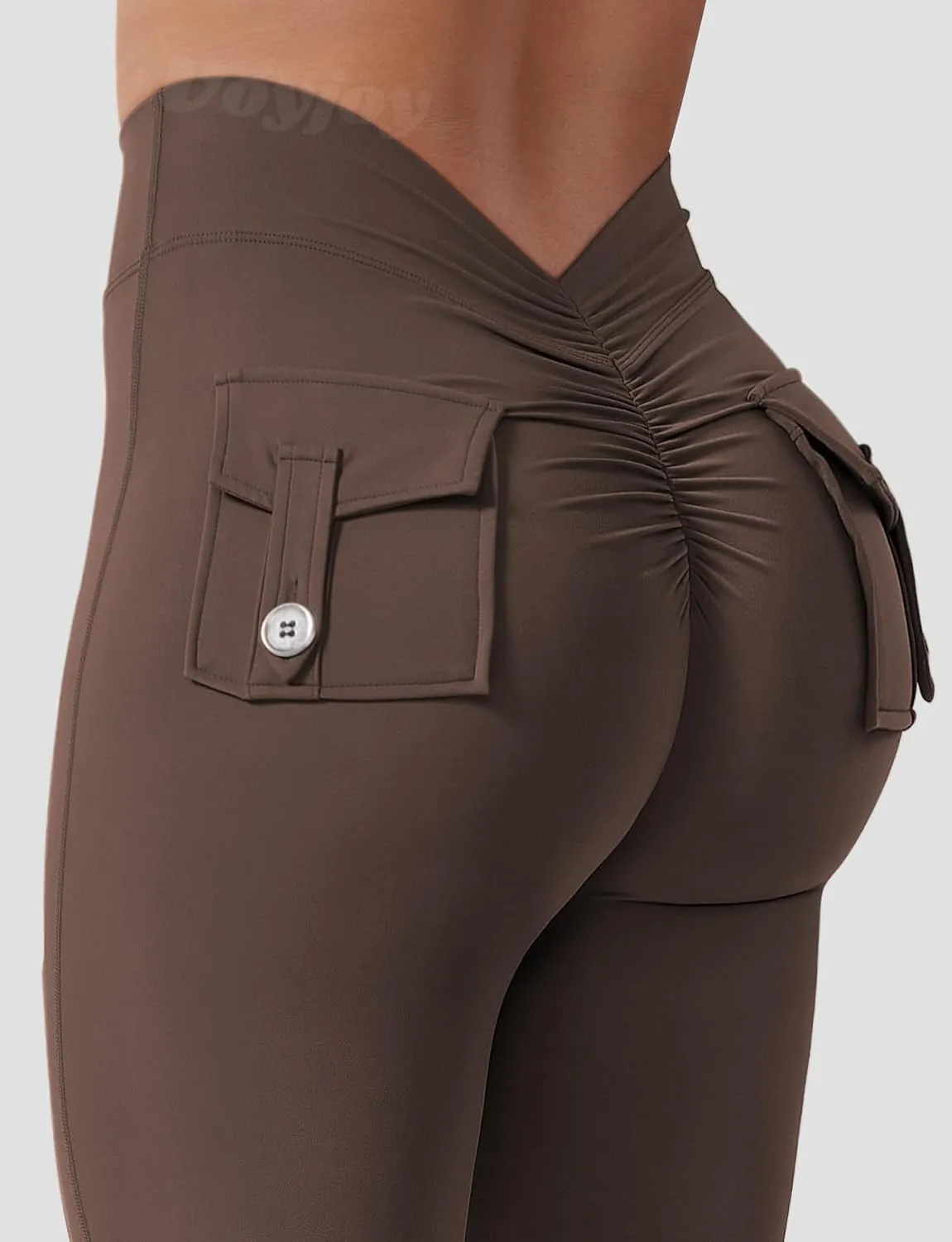 VOYJOY Leggings with Pockets for Women V Back Butt Lifting Workout Legging Gym High Waist Yoga Pants Elastic Tights