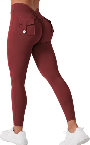 VOYJOY Leggings with Pockets for Women V Back Butt Lifting Workout Legging Gym High Waist Yoga Pants Elastic Tights