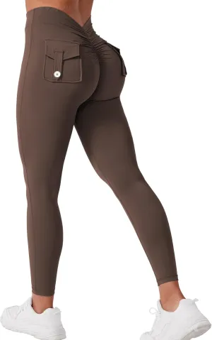 VOYJOY Leggings with Pockets for Women V Back Butt Lifting Workout Legging Gym High Waist Yoga Pants Elastic Tights