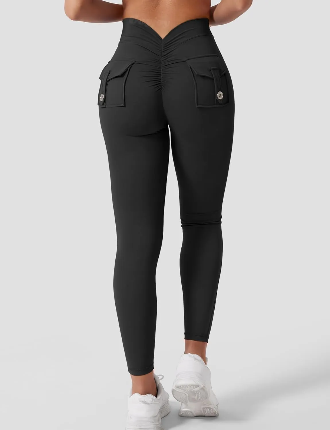 VOYJOY Leggings with Pockets for Women V Back Butt Lifting Workout Legging Gym High Waist Yoga Pants Elastic Tights