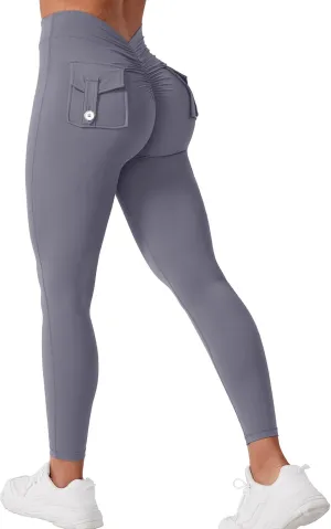 VOYJOY Leggings with Pockets for Women V Back Butt Lifting Workout Legging Gym High Waist Yoga Pants Elastic Tights