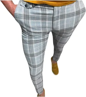 WABEOR Mens Chinos Pants Slim Fit Stretch Striped Plaid Dress Pants Casual Business Big and Tall Flat Front Skinny Trousers Yellow