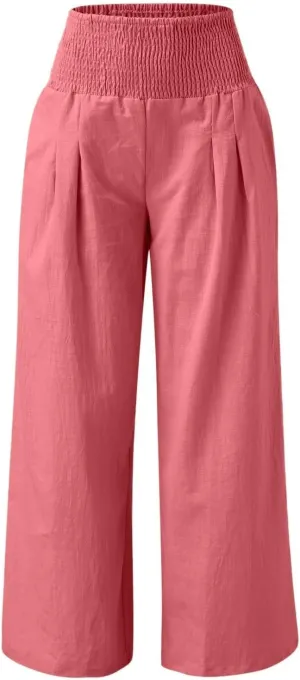 Wide Leg Linen Pants for Women Boho Beach Pants Casual Elastic High Waist Comfort Trendy Palazzo Pants