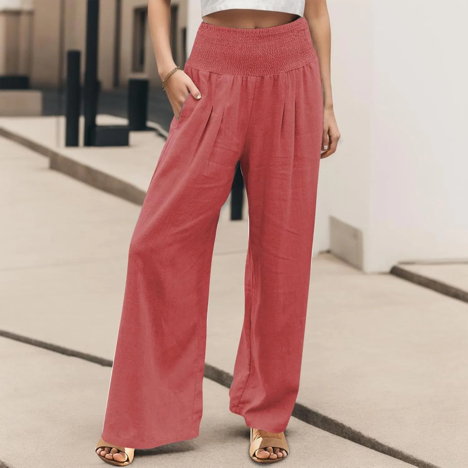 Wide Leg Linen Pants for Women Boho Beach Pants Casual Elastic High Waist Comfort Trendy Palazzo Pants