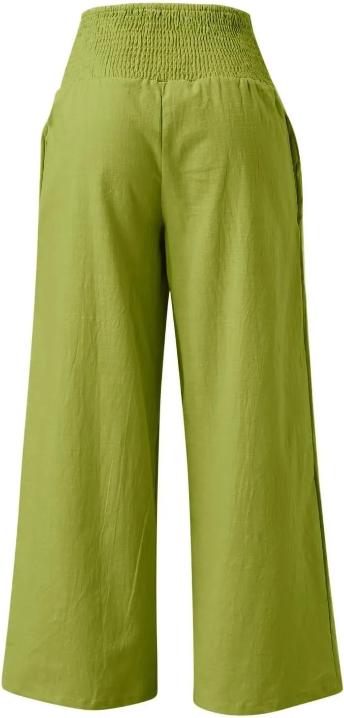Wide Leg Linen Pants for Women Boho Beach Pants Casual Elastic High Waist Comfort Trendy Palazzo Pants