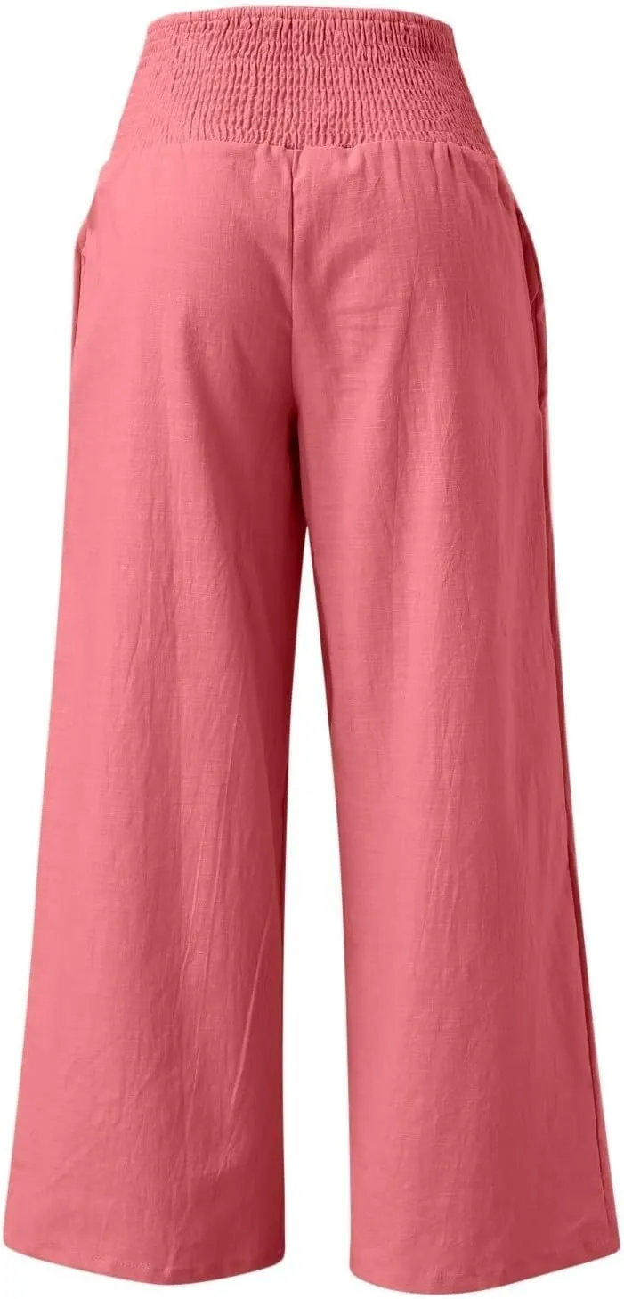 Wide Leg Linen Pants for Women Boho Beach Pants Casual Elastic High Waist Comfort Trendy Palazzo Pants