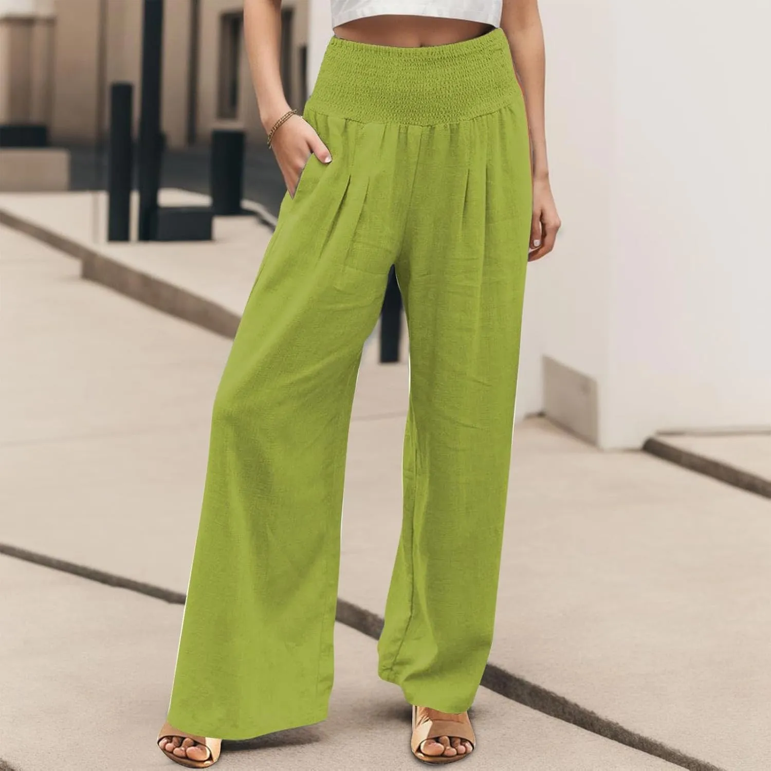 Wide Leg Linen Pants for Women Boho Beach Pants Casual Elastic High Waist Comfort Trendy Palazzo Pants