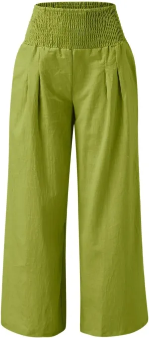 Wide Leg Linen Pants for Women Boho Beach Pants Casual Elastic High Waist Comfort Trendy Palazzo Pants