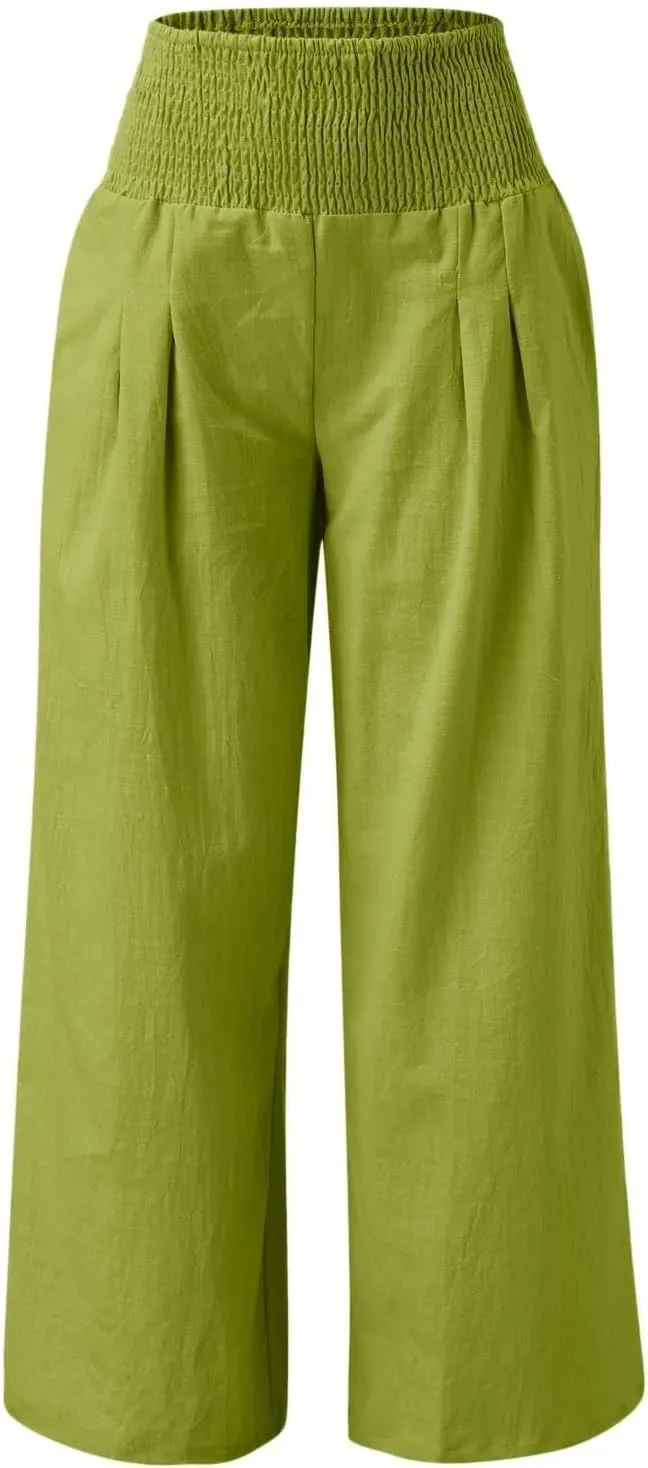 Wide Leg Linen Pants for Women Boho Beach Pants Casual Elastic High Waist Comfort Trendy Palazzo Pants