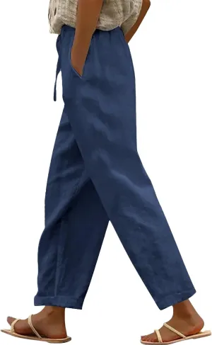 Wide Leg Linen Pants for Women Cropped Pants Cotton Linen High Waisted Trousers Loose Summer Lounge Trousers