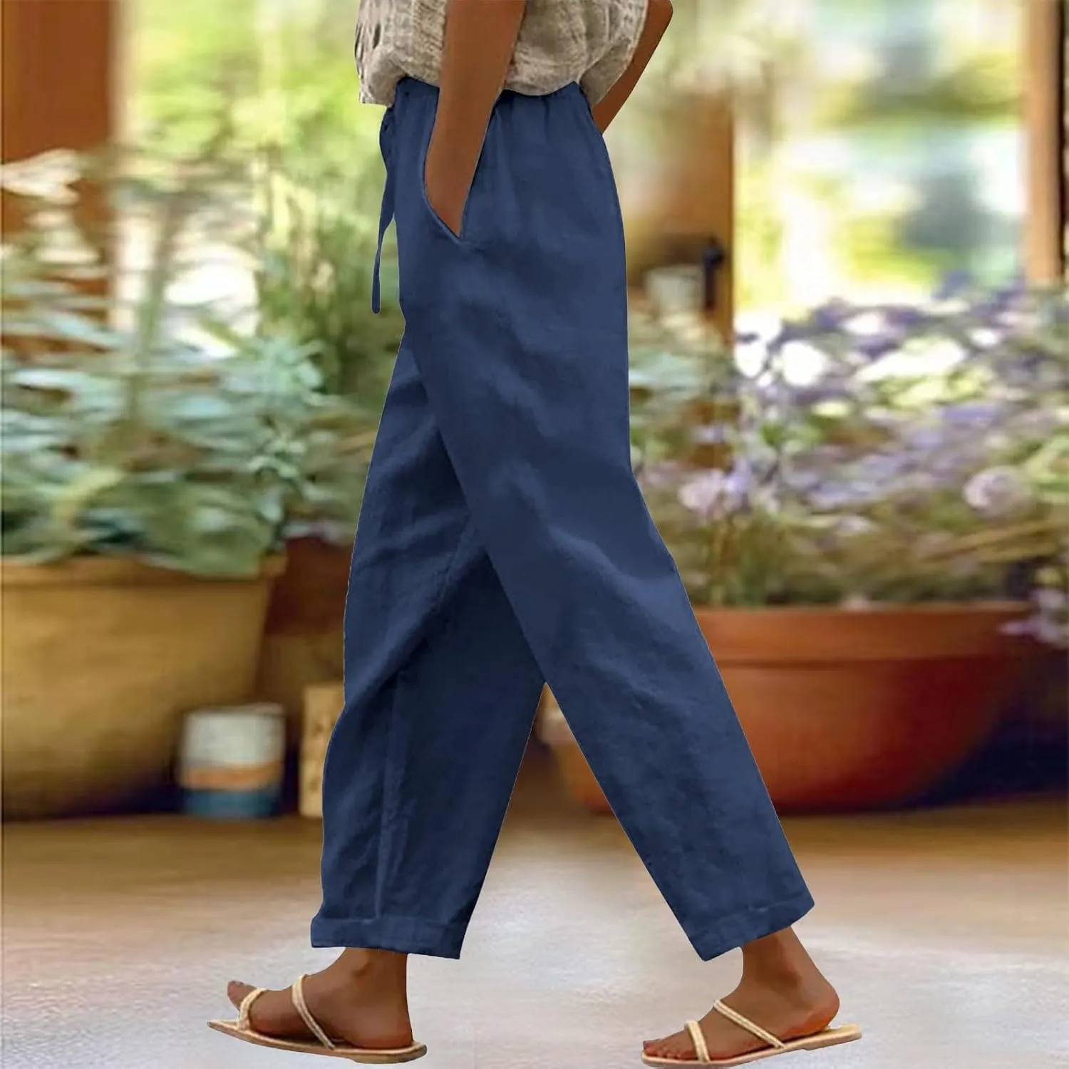Wide Leg Linen Pants for Women Cropped Pants Cotton Linen High Waisted Trousers Loose Summer Lounge Trousers