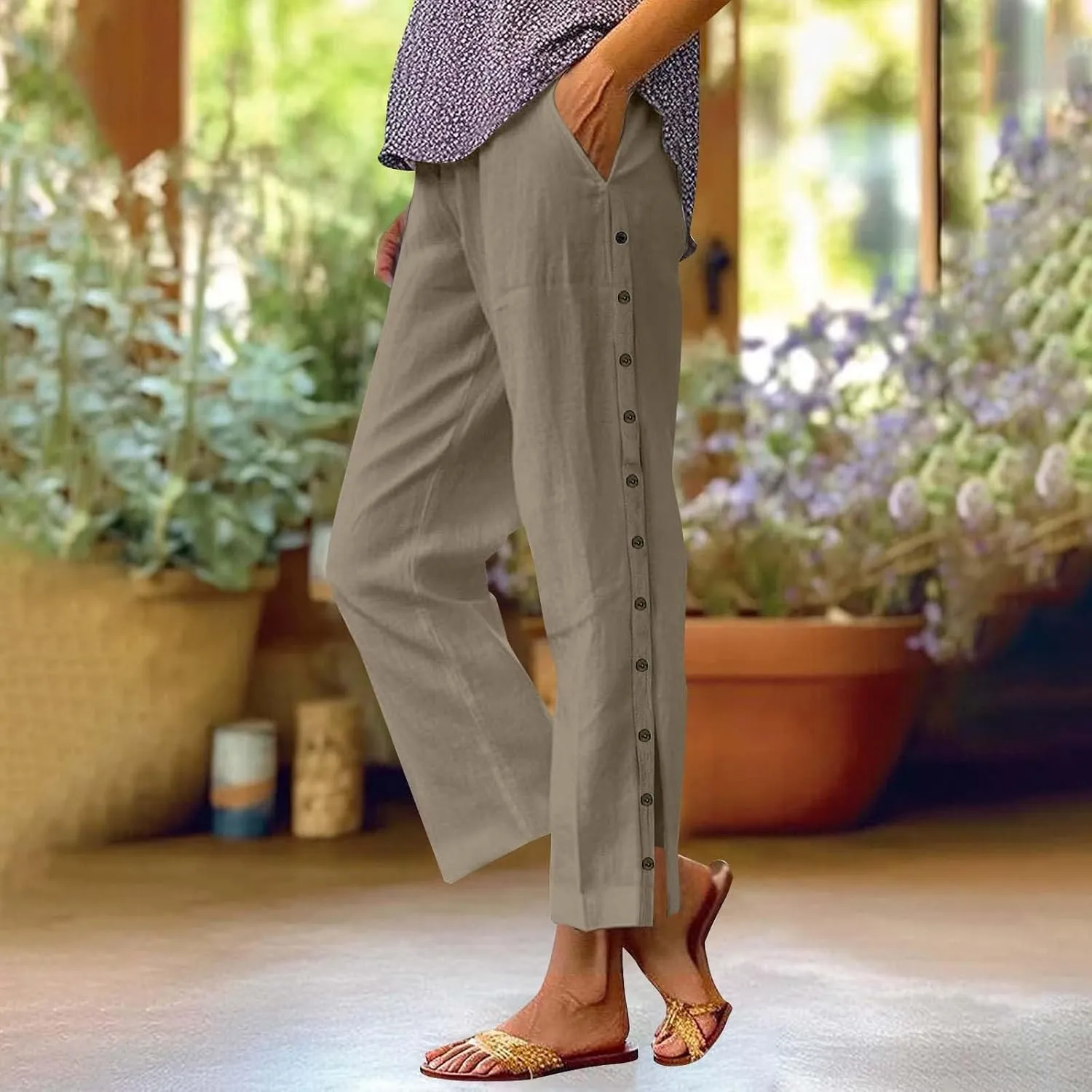 Wide Leg Linen Pants for Women Elastic Waist Capris with Pockets Lightweight Summer Vacation Pant Plus Size Trousers