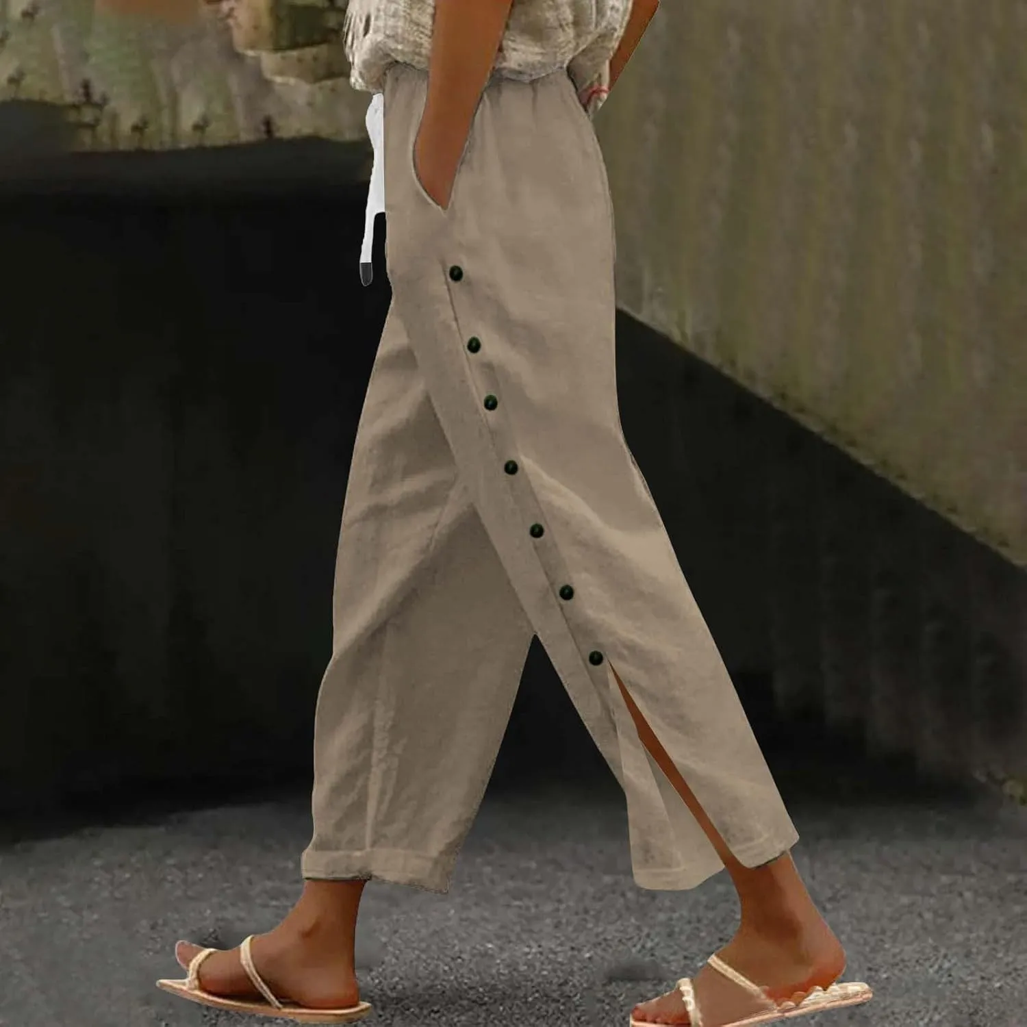 Wide Leg Linen Pants for Women Elastic Waist Capris with Pockets Lightweight Summer Vacation Pant Plus Size Trousers