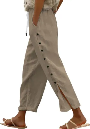 Wide Leg Linen Pants for Women Elastic Waist Capris with Pockets Lightweight Summer Vacation Pant Plus Size Trousers