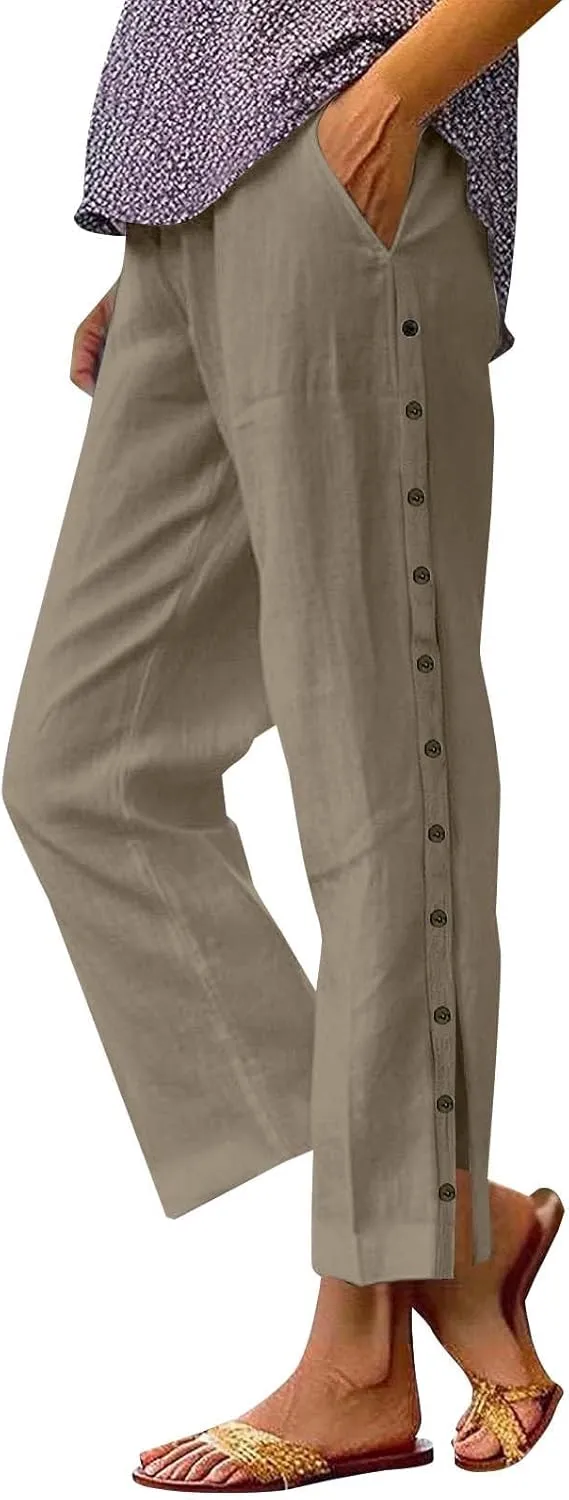 Wide Leg Linen Pants for Women Elastic Waist Capris with Pockets Lightweight Summer Vacation Pant Plus Size Trousers