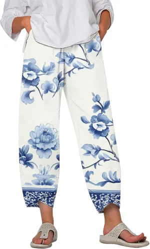 Wide Leg Linen Pants for Women Summer Casual Capri Pants Baggy Petite Palazzo Pants Lightweight Beach Trousers