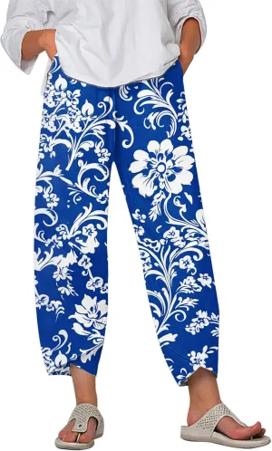 Wide Leg Linen Pants for Women Summer Casual Capri Pants Baggy Petite Palazzo Pants Lightweight Beach Trousers