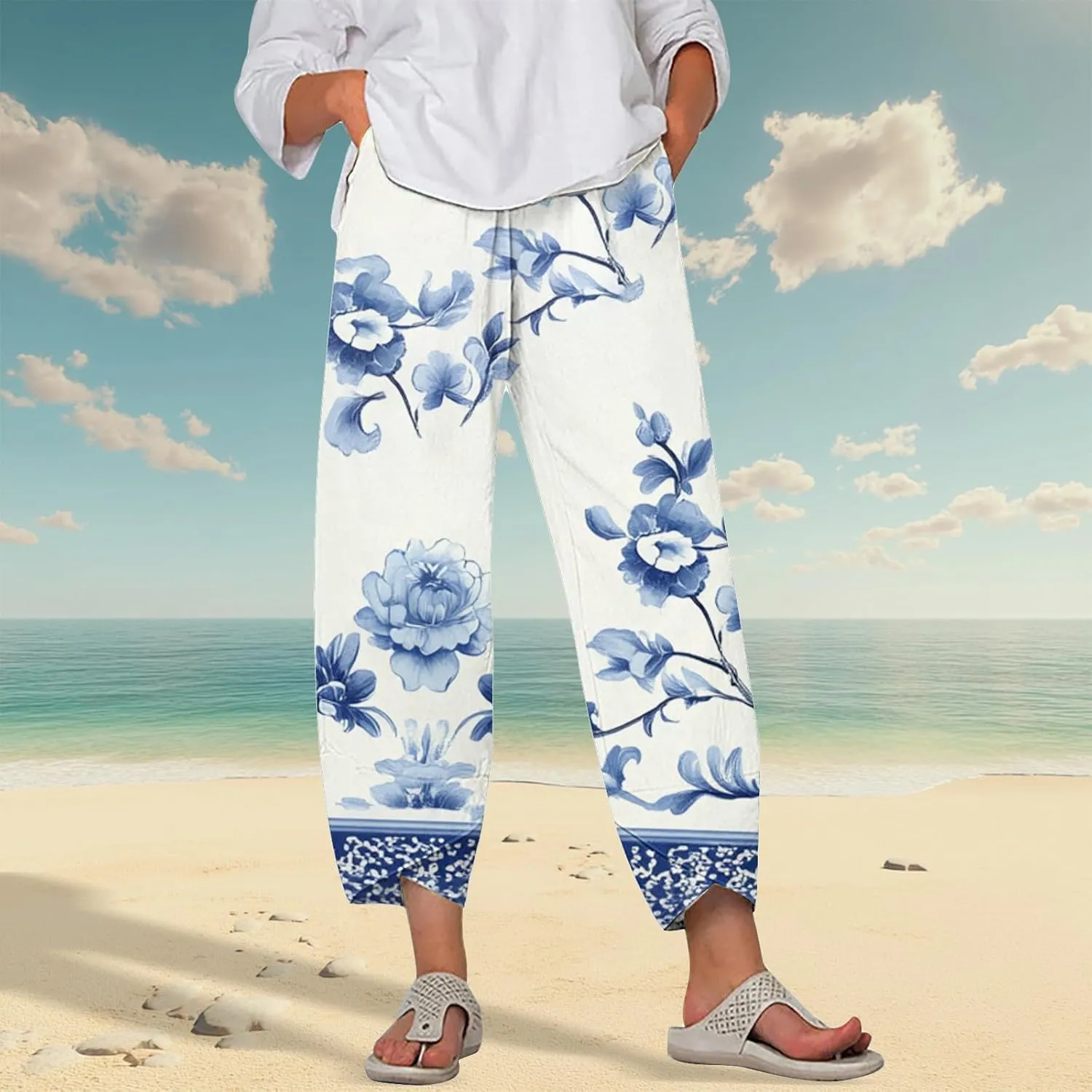 Wide Leg Linen Pants for Women Summer Casual Capri Pants Baggy Petite Palazzo Pants Lightweight Beach Trousers