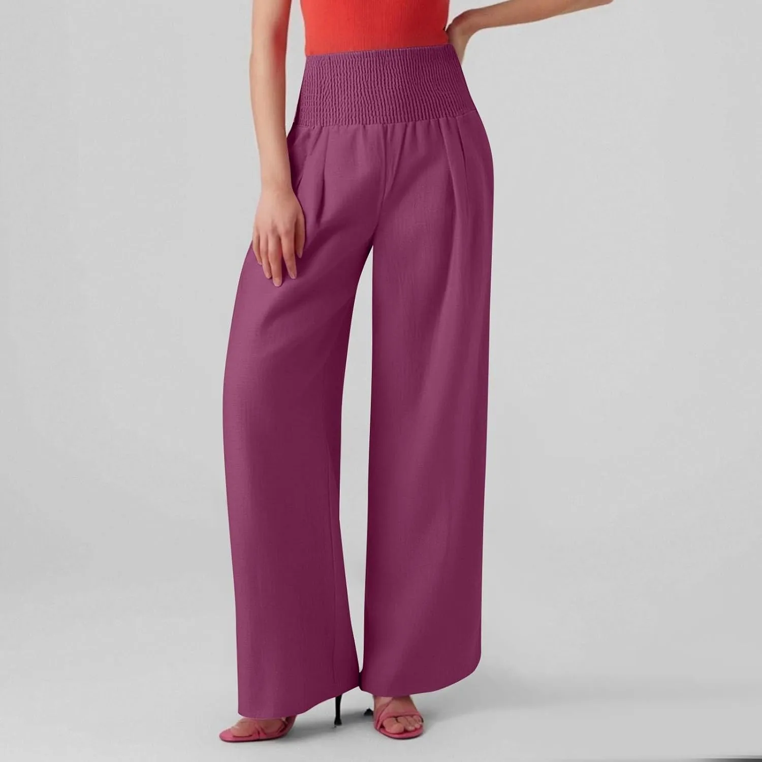 Wide Leg Linen Pants for Women Summer Smocked High Waisted Casual Palazzo Pants Lounge Trouser with Pockets (S-XXL)