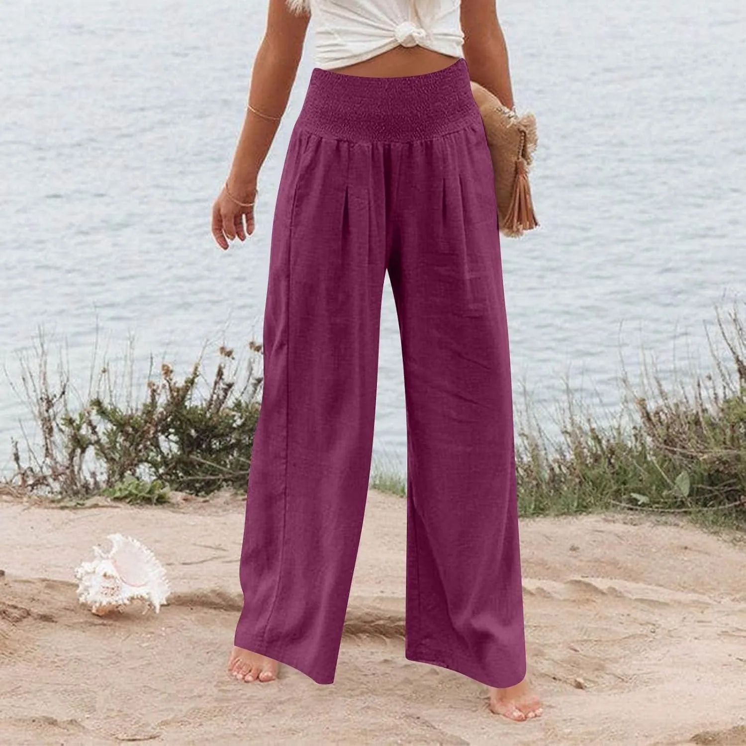 Wide Leg Linen Pants for Women Summer Smocked High Waisted Casual Palazzo Pants Lounge Trouser with Pockets (S-XXL)